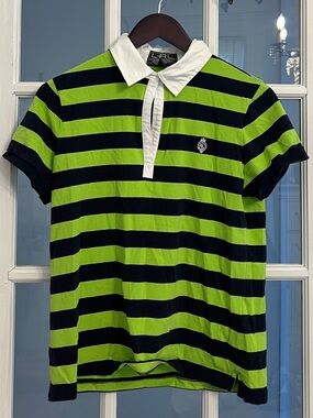 LAUREN ACTIVE Ralph Lauren Women’s Striped Rugby Polo Shirt Green Navy Size L